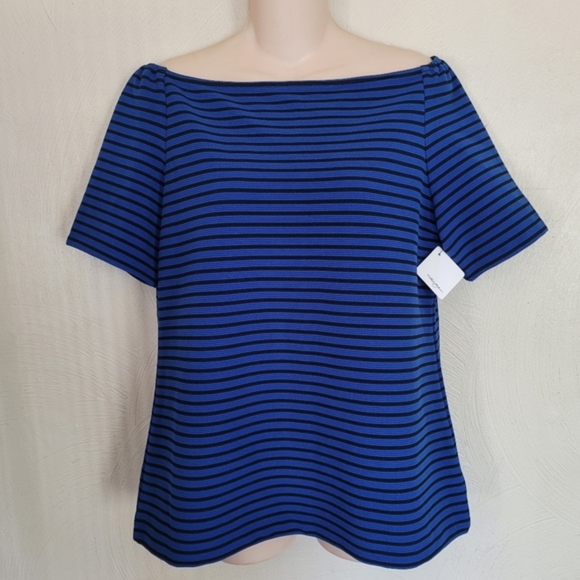 Halogen Blue Black Striped Off the Shoulder Top Size Women's XL Petite NEW - Picture 1 of 8